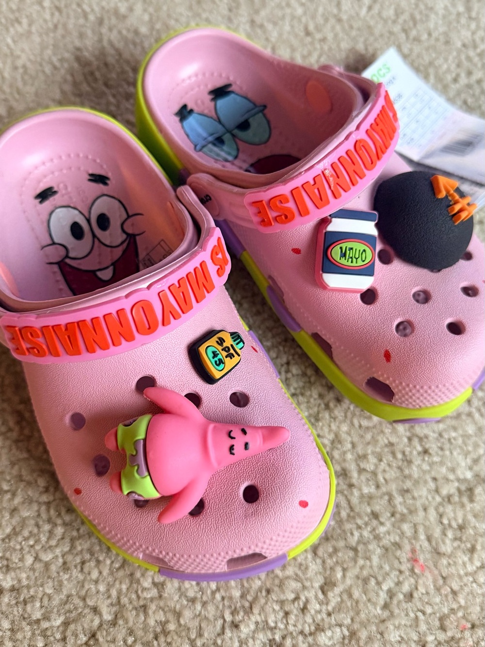 CROCS Kids Pink Patrick Star Clogs with Lime Trim and Charms